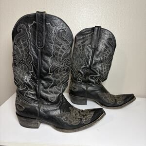 Corral Black Glittered Inlay Snip Toe Cowboy Boots Crosses Wings Womens 11